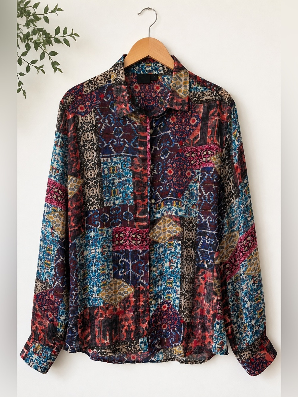 ASOS Silky Womens Medium Patchwork Tapestry Persian Print Button Down Shirt Boho - Picture 5 of 8